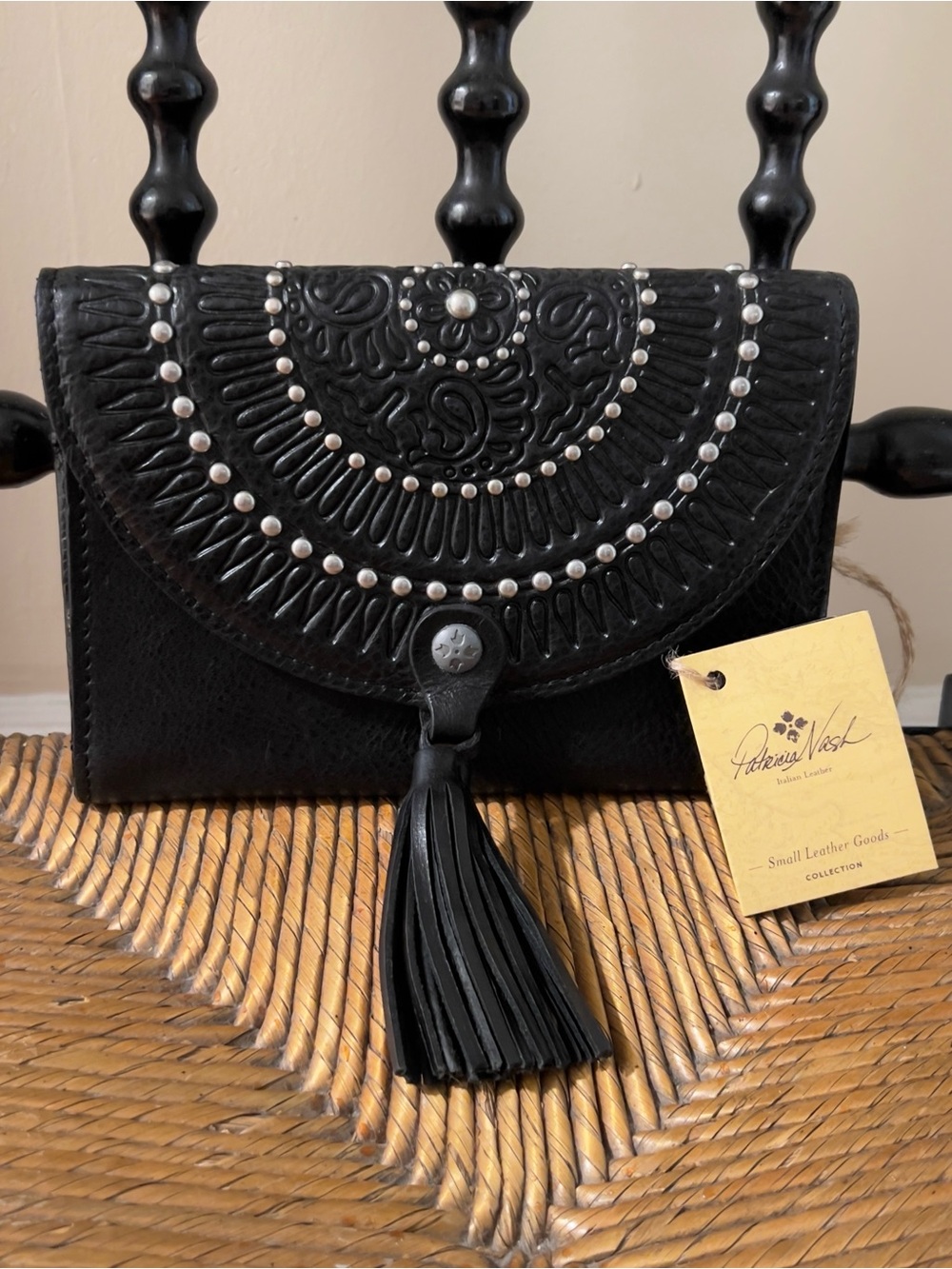 NWT Patricia Nash Colli Black Leather Tooled Studded Tassel Trifold Wallet